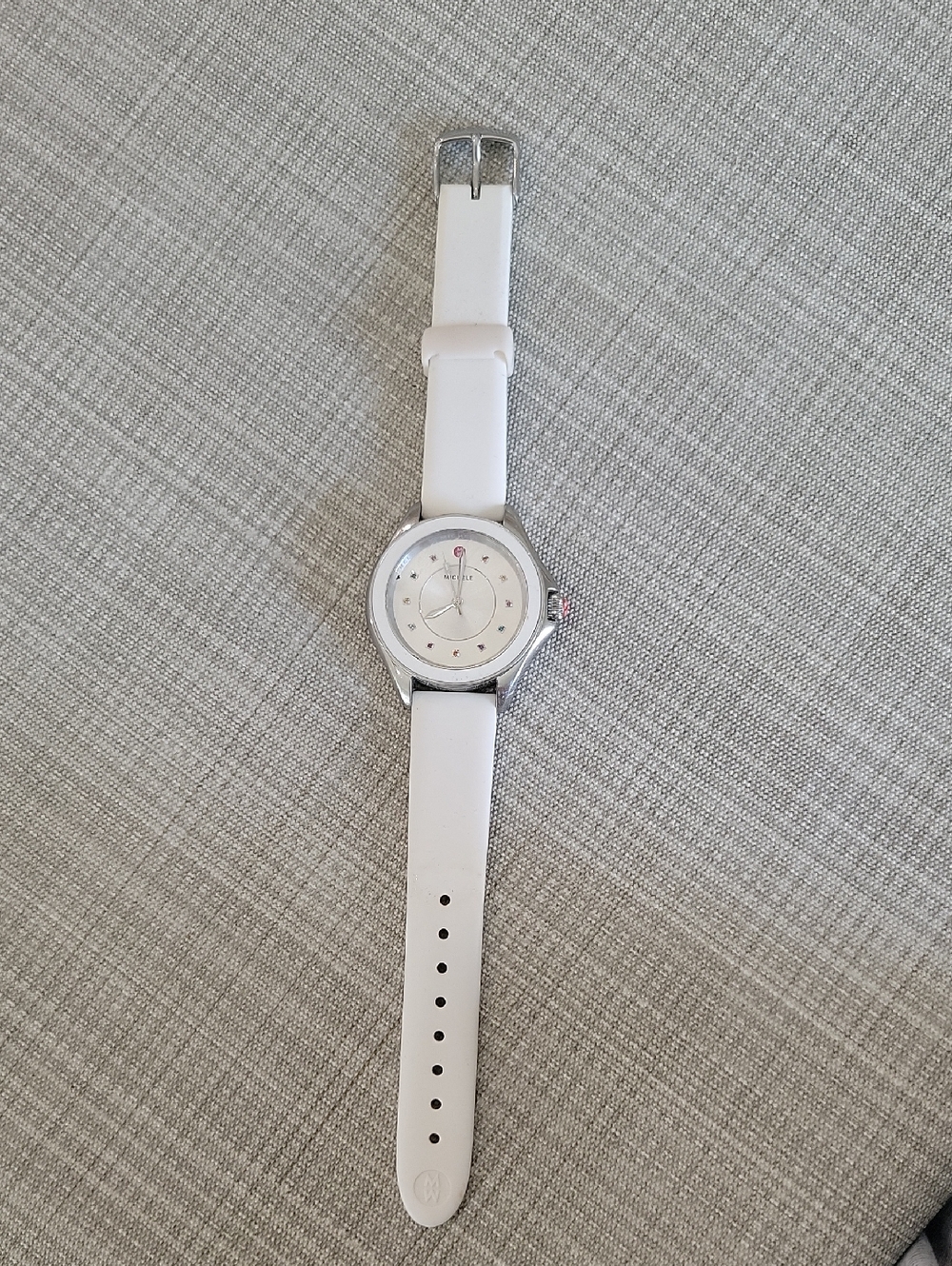 Michele White Leather Strap Watch with Silver Case